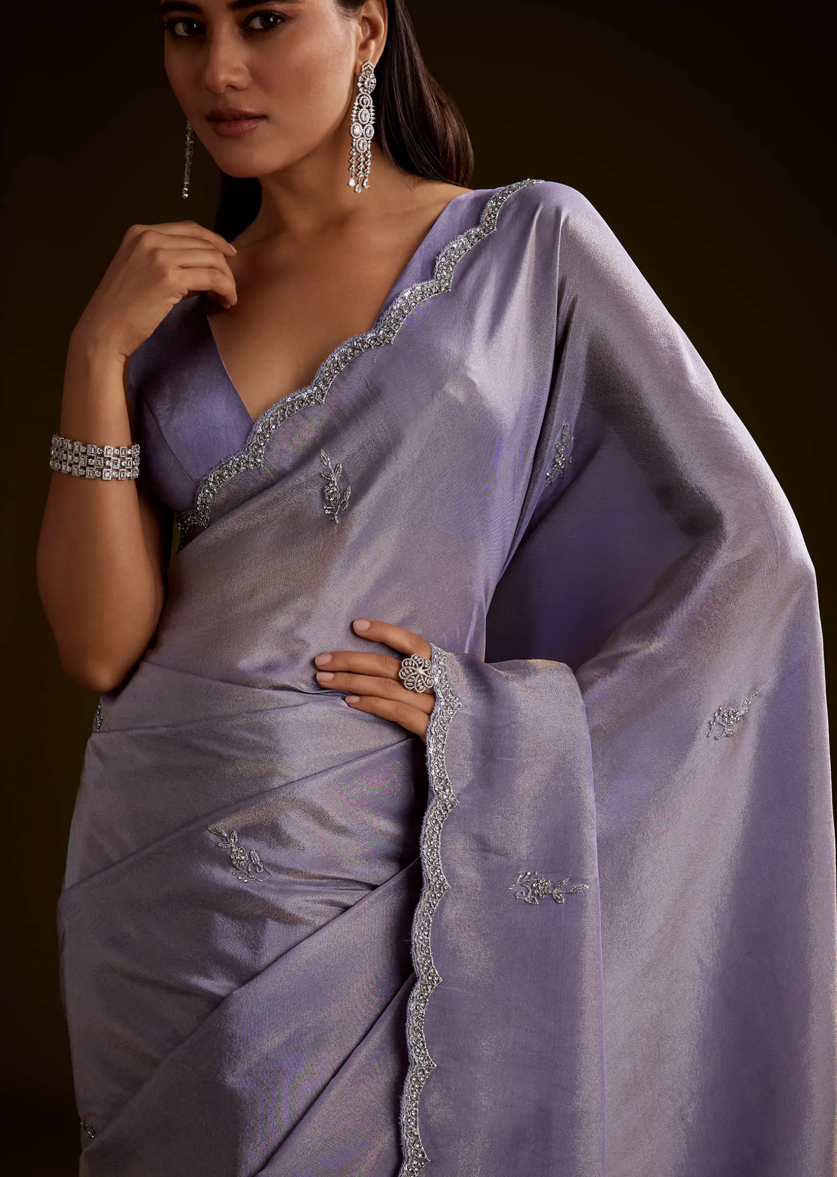 Blush Grey Tissue Saree With Cutdana And Sequins Embroidery And Scallop Border
