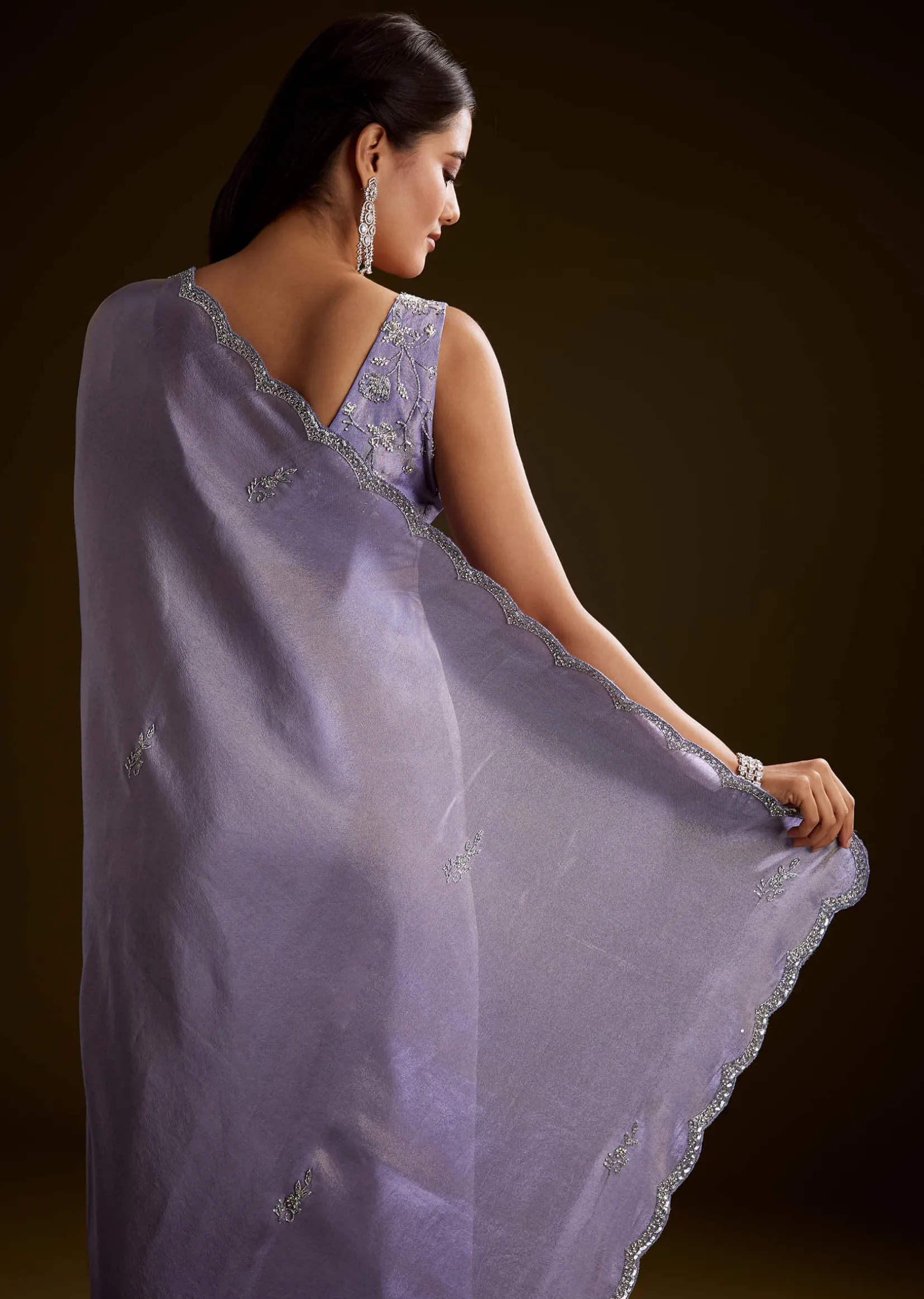 Blush Grey Tissue Saree With Cutdana And Sequins Embroidery And Scallop Border