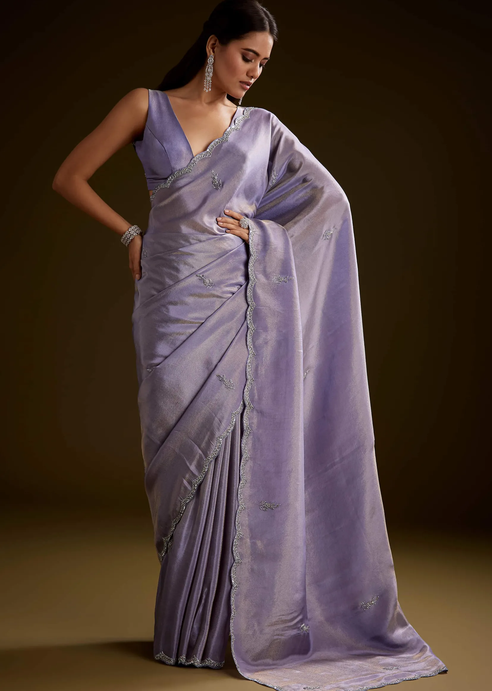 Blush Grey Tissue Saree With Cutdana And Sequins Embroidery And Scallop Border