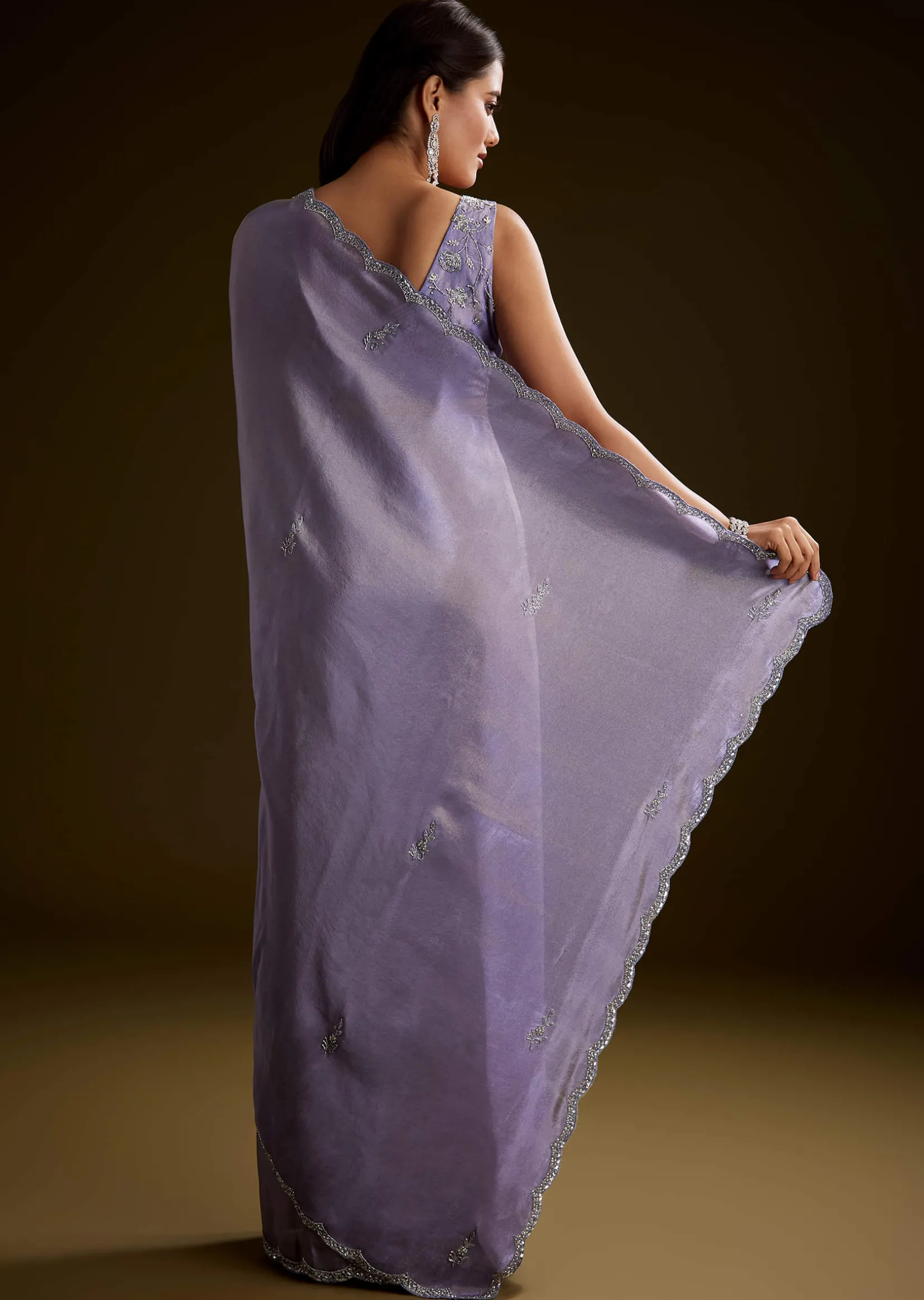 Blush Grey Tissue Saree With Cutdana And Sequins Embroidery And Scallop Border