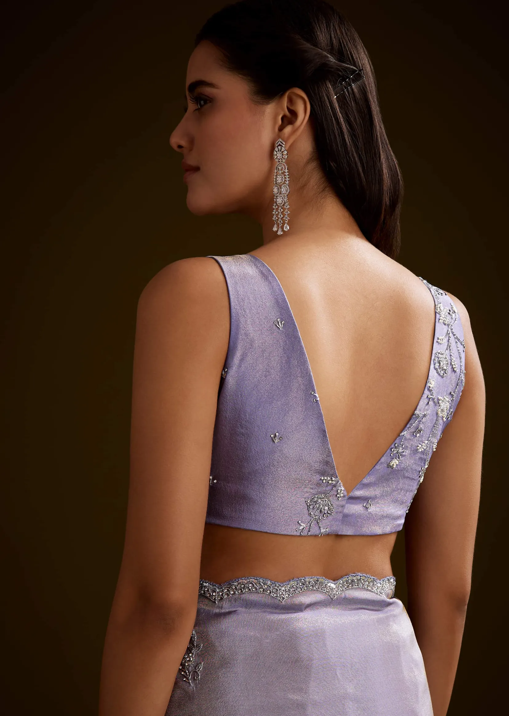 Blush Grey Tissue Saree With Cutdana And Sequins Embroidery And Scallop Border