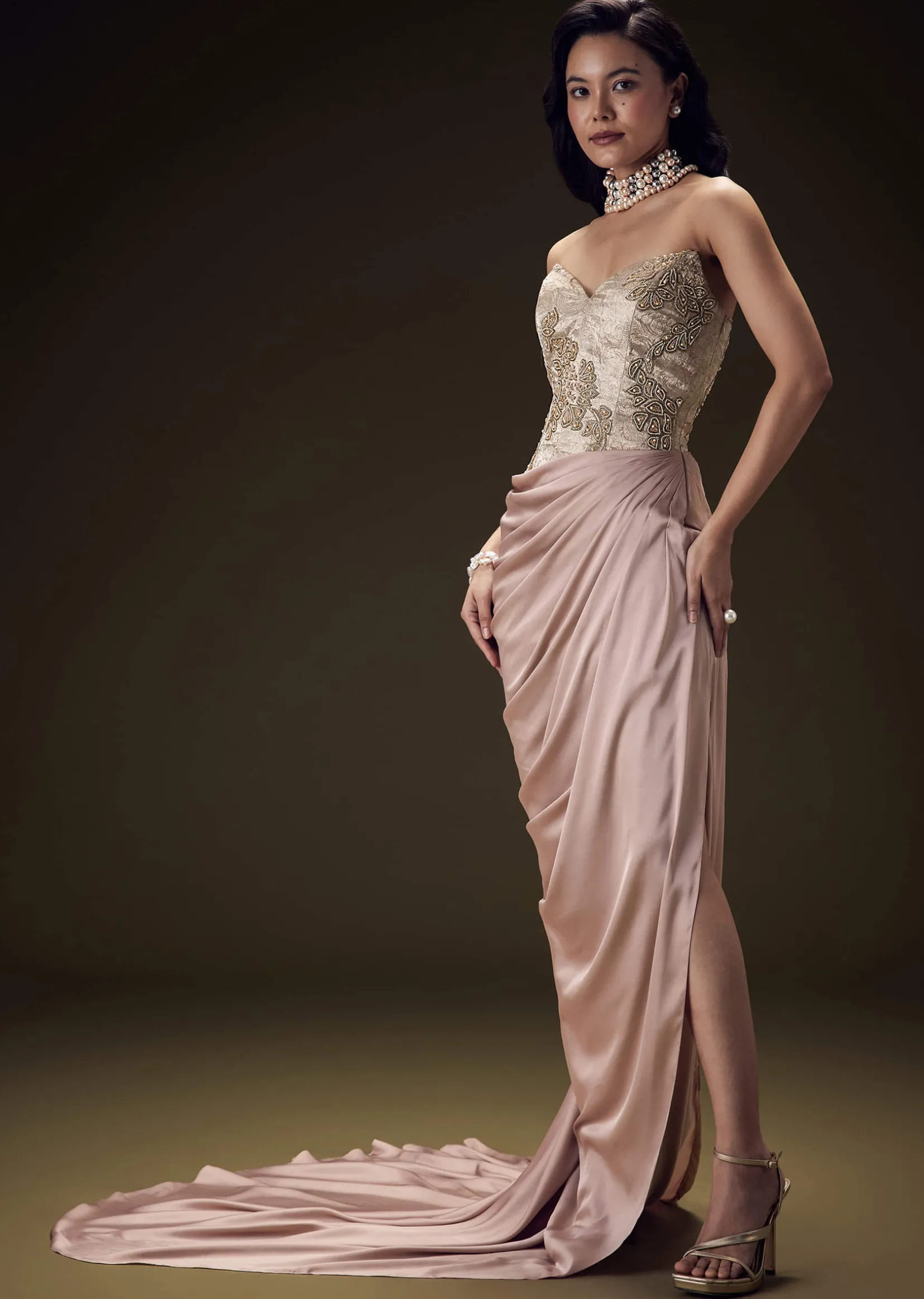 Blush Peach Embroidered Brocade Corset Gown With Drape And Side Slit