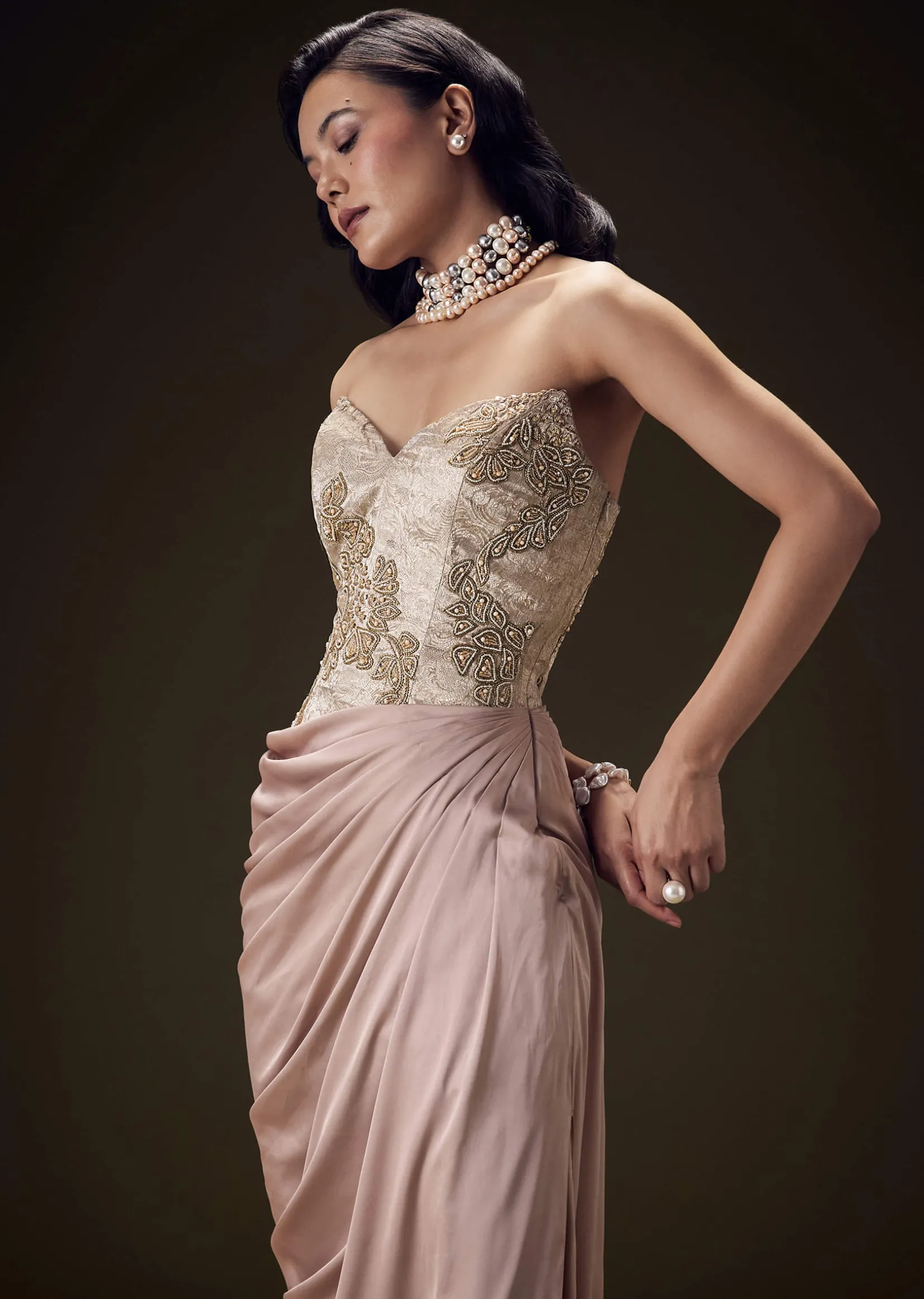 Blush Peach Embroidered Brocade Corset Gown With Drape And Side Slit