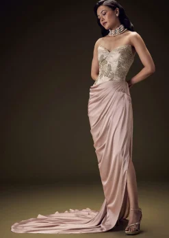Blush Peach Embroidered Brocade Corset Gown With Drape And Side Slit