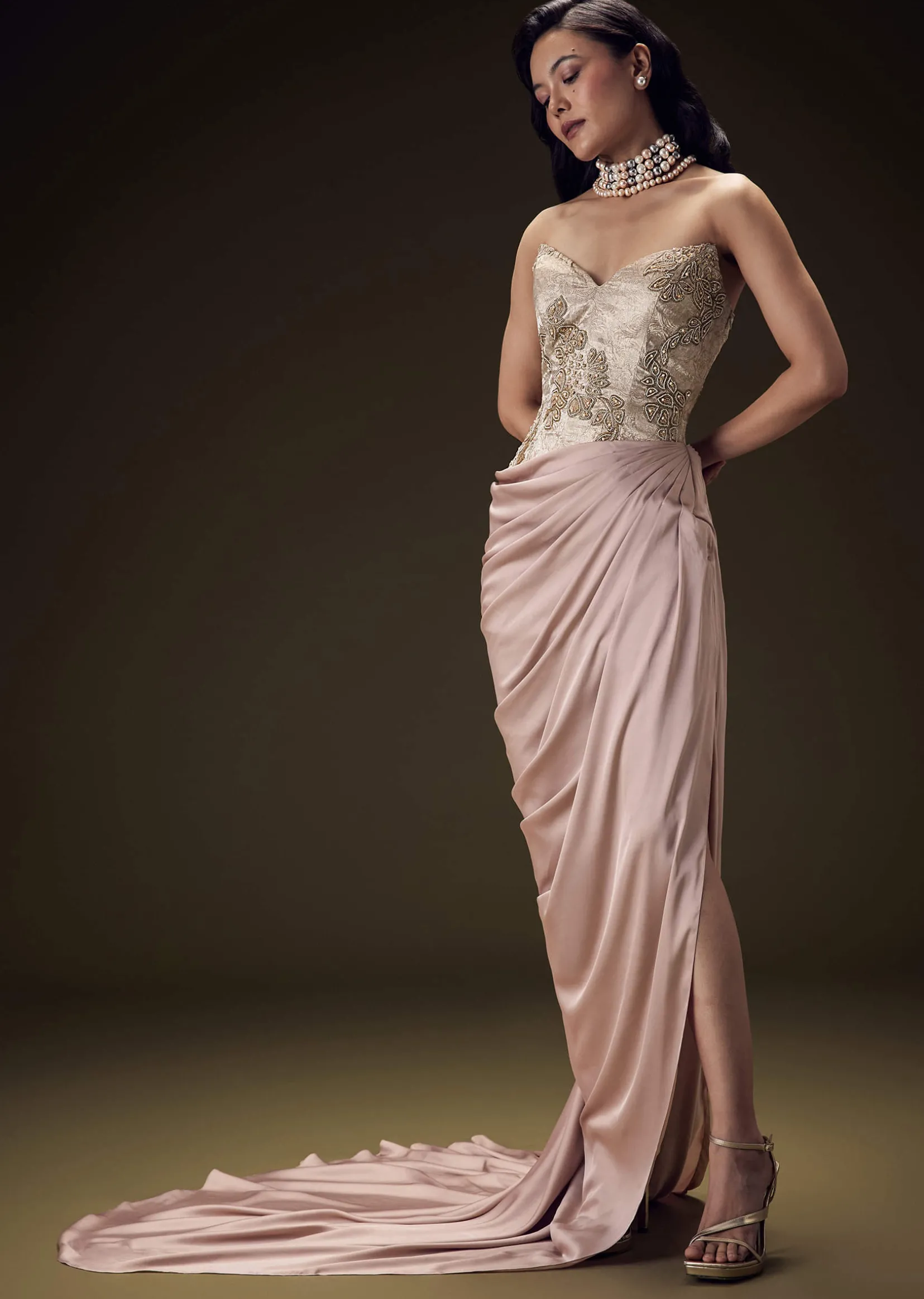 Blush Peach Embroidered Brocade Corset Gown With Drape And Side Slit