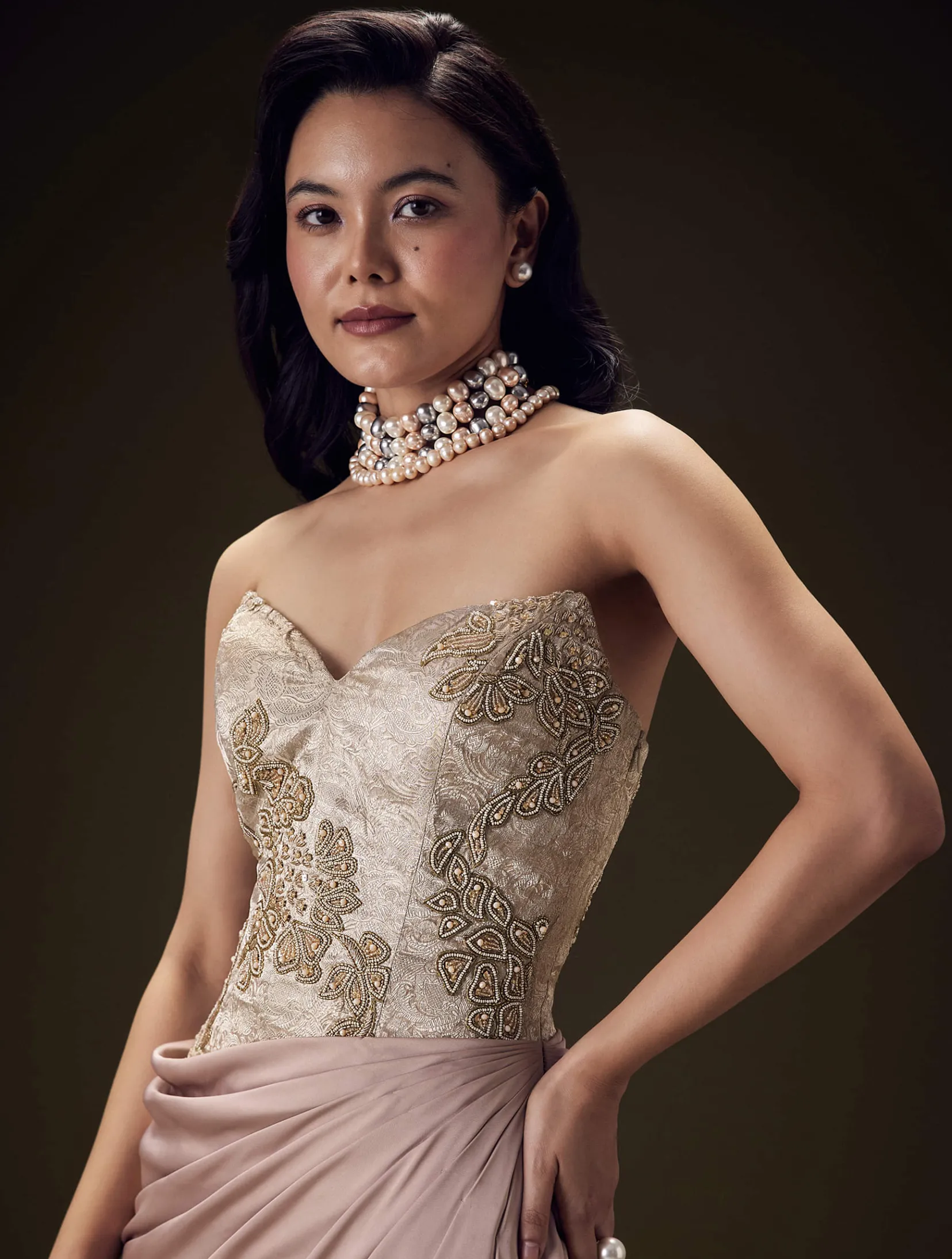 Blush Peach Embroidered Brocade Corset Gown With Drape And Side Slit