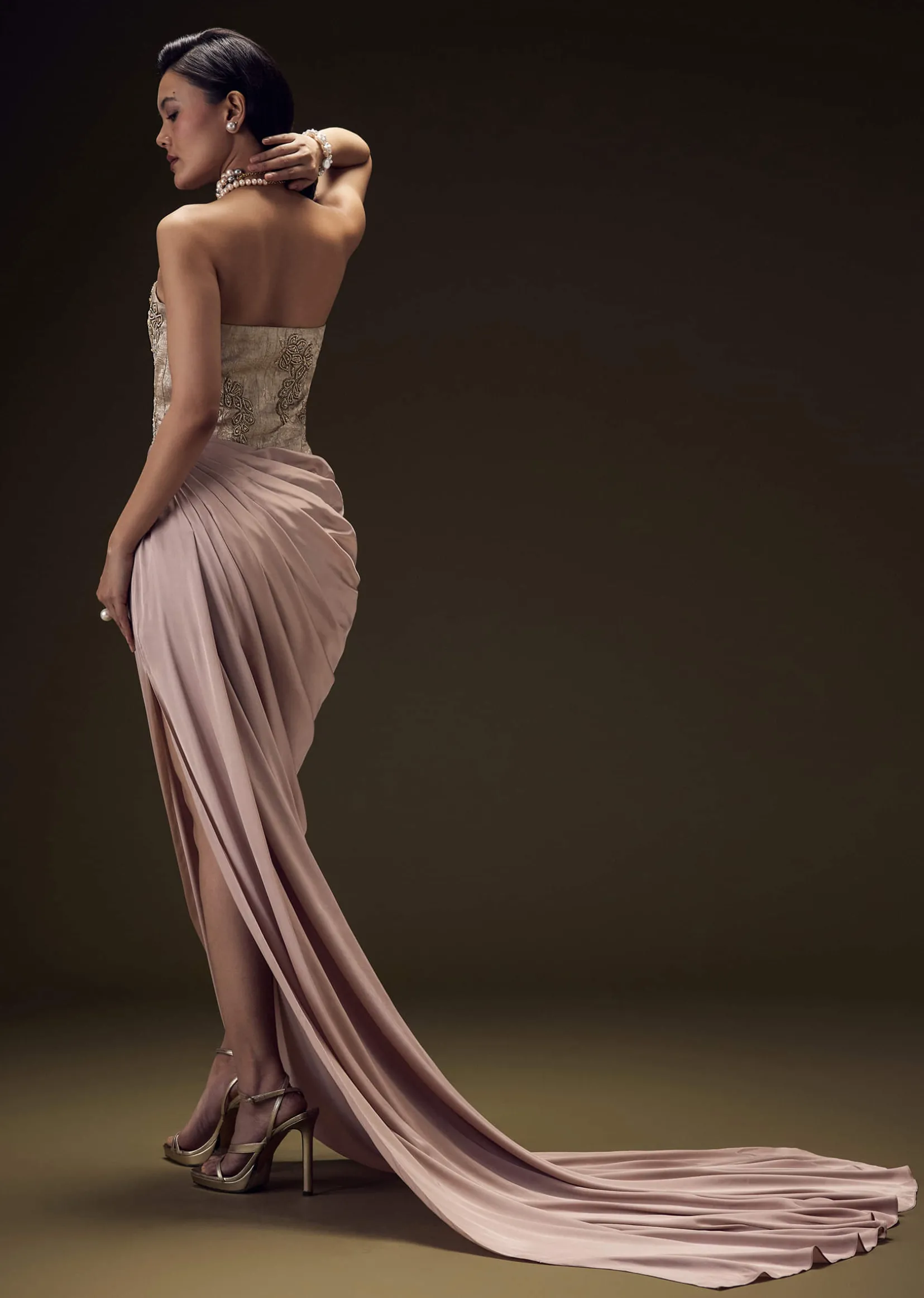 Blush Peach Embroidered Brocade Corset Gown With Drape And Side Slit