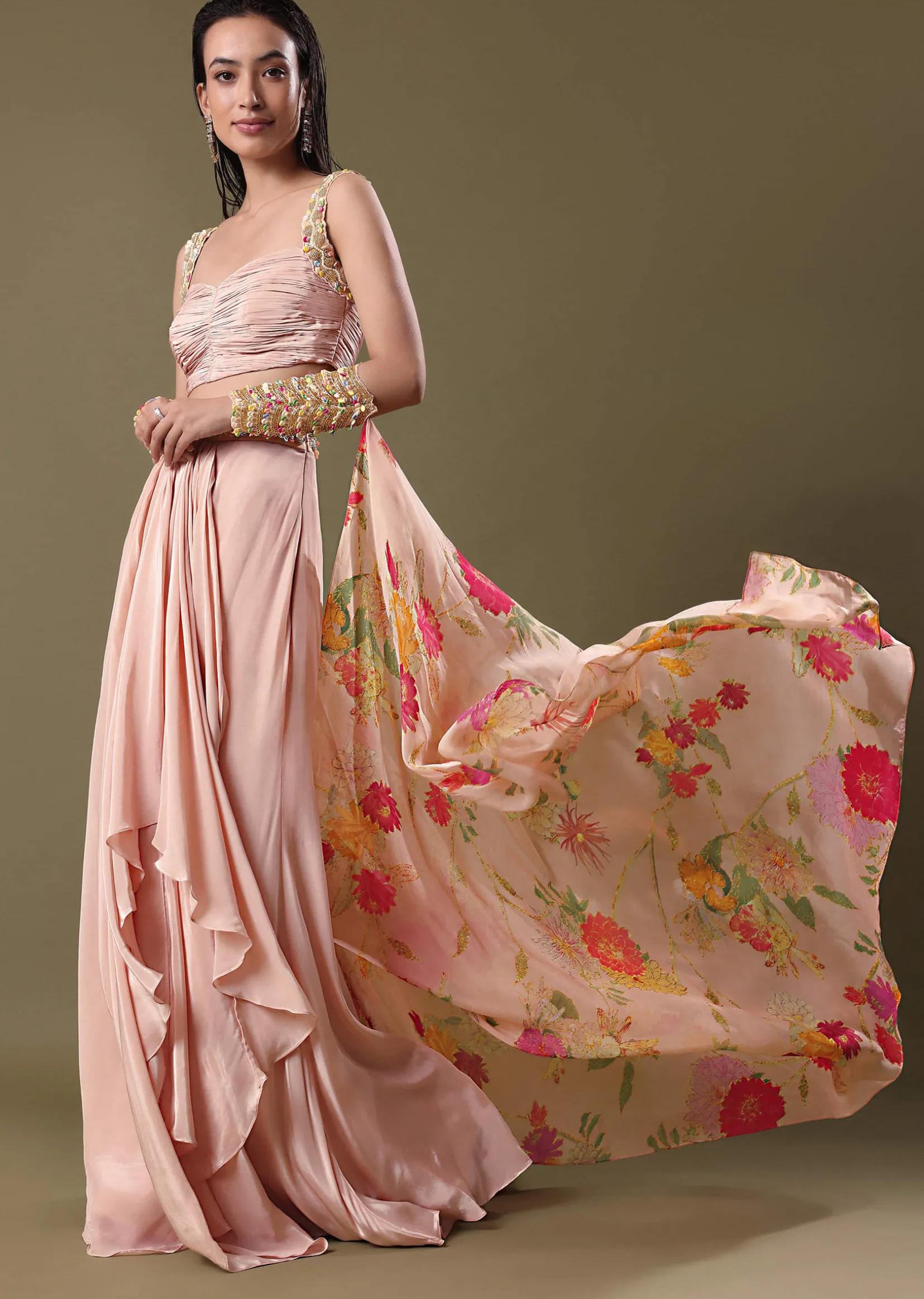Blush Peach Lehenga With Blouse And Cuff Cape