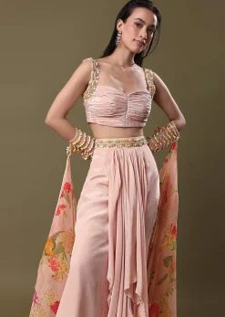 Blush Peach Lehenga With Blouse And Cuff Cape