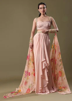 Blush Peach Lehenga With Blouse And Cuff Cape