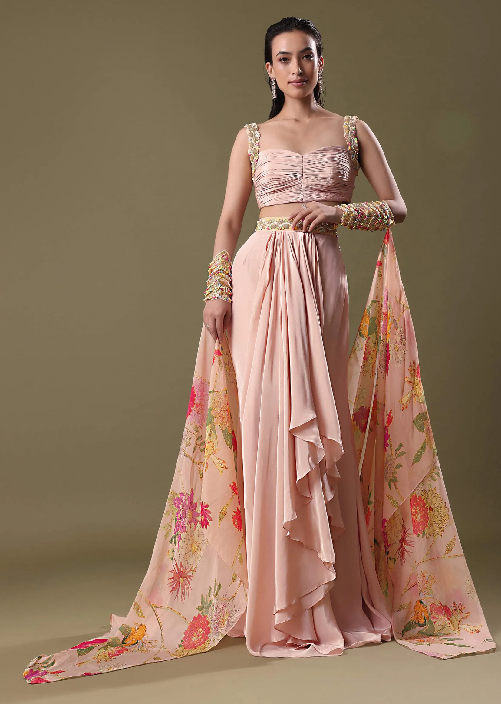 Blush Peach Lehenga With Blouse And Cuff Cape