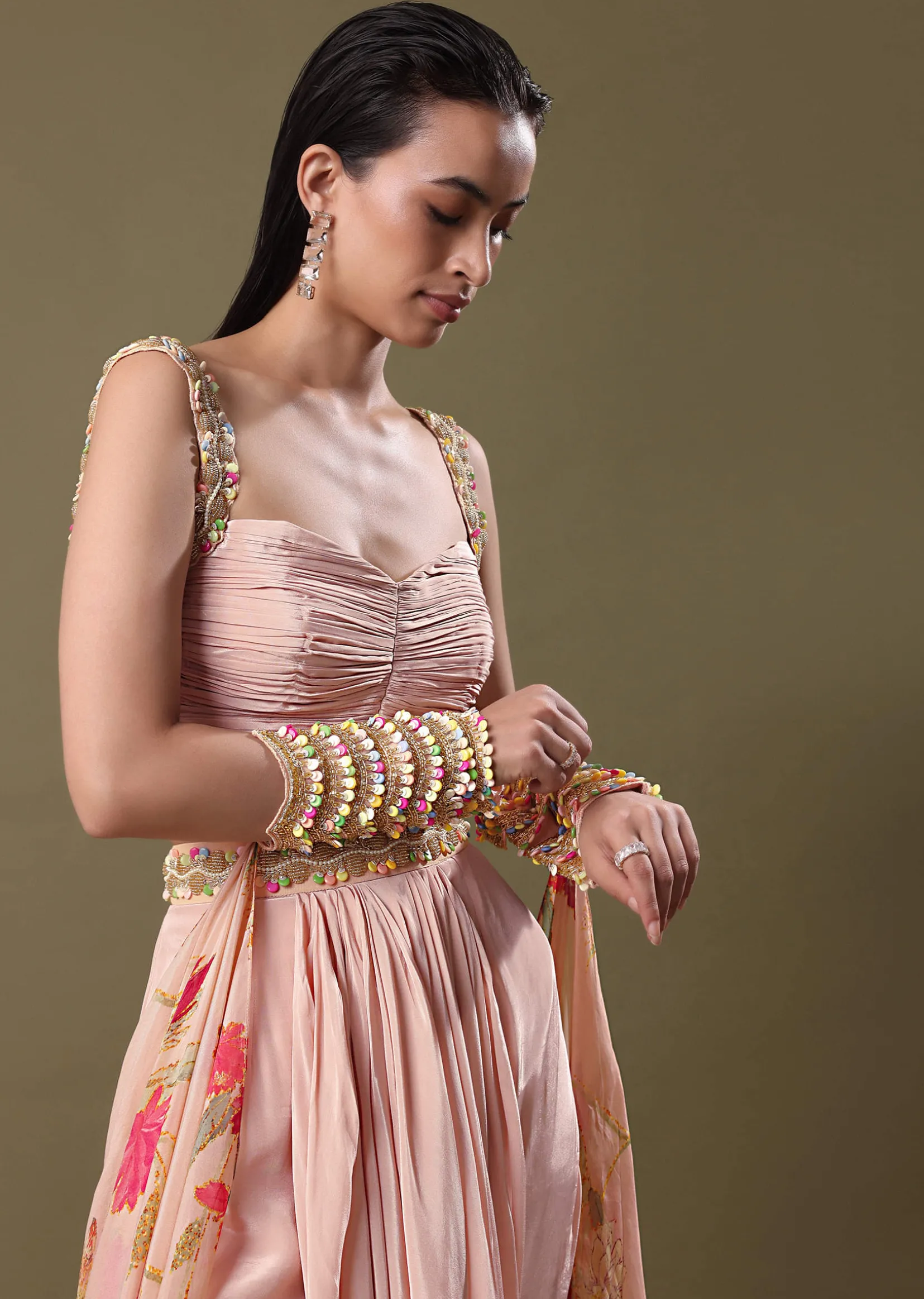 Blush Peach Lehenga With Blouse And Cuff Cape