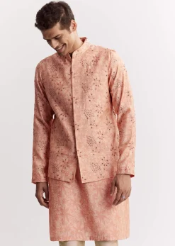 Blush Peach Silk Kurta Jacket Set With Sequins And Moti Detailing