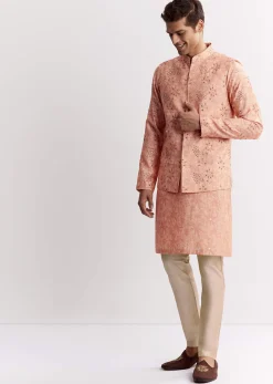 Blush Peach Silk Kurta Jacket Set With Sequins And Moti Detailing