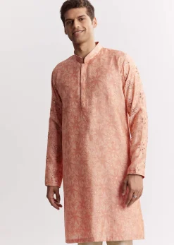 Blush Peach Silk Kurta Jacket Set With Sequins And Moti Detailing