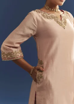 Blush Pink Chanderi Kurta Palazzo Set With Organza Dupatta
