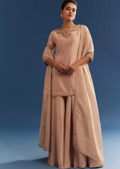 Blush Pink Chanderi Kurta Palazzo Set With Organza Dupatta