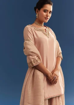 Blush Pink Chanderi Kurta Palazzo Set With Organza Dupatta