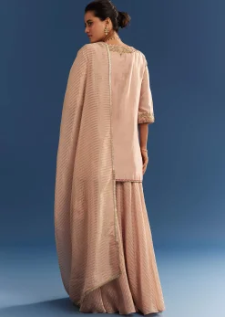 Blush Pink Chanderi Kurta Palazzo Set With Organza Dupatta
