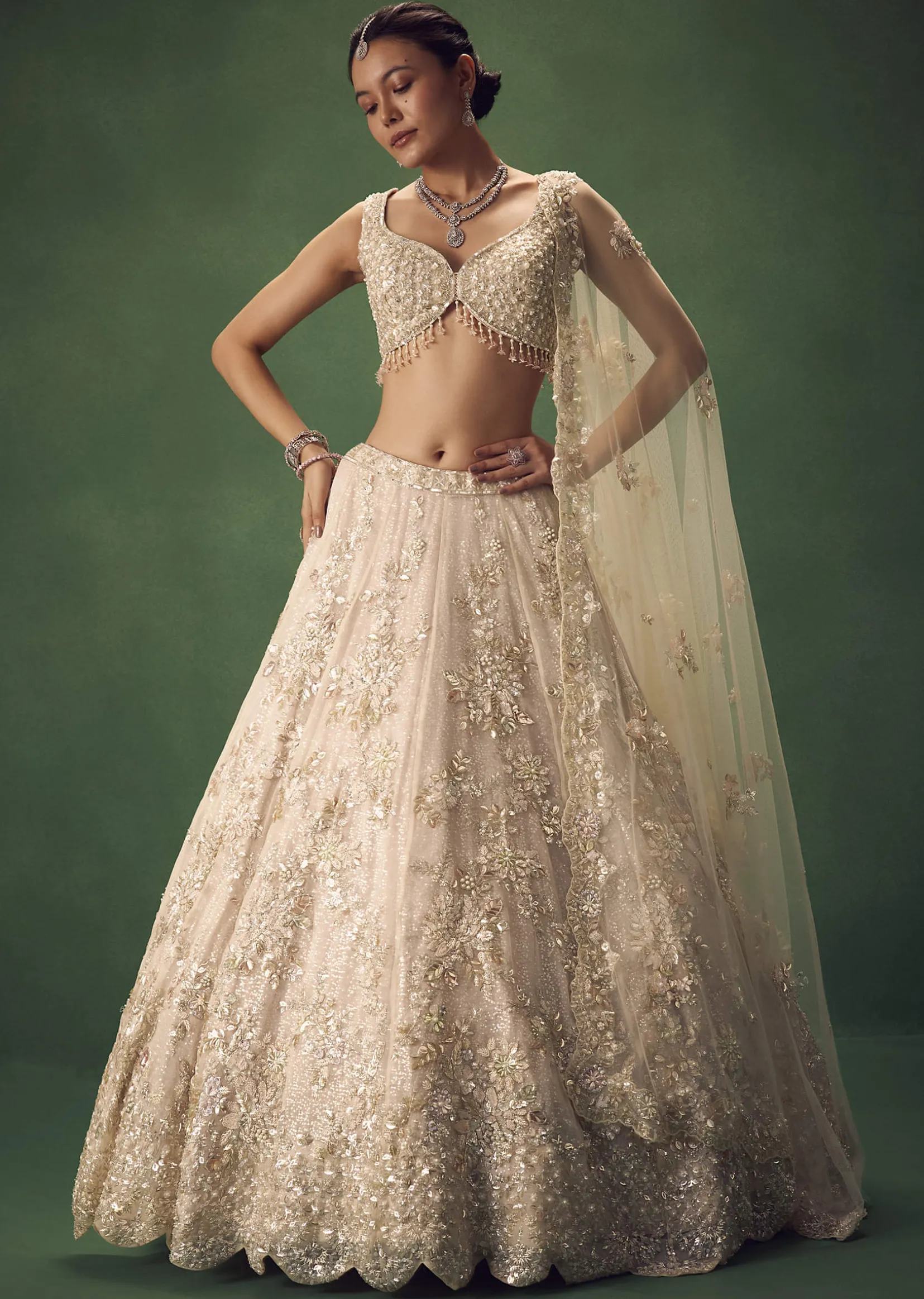 Blush Pink 3D Floral And Bead Work Lehenga Set