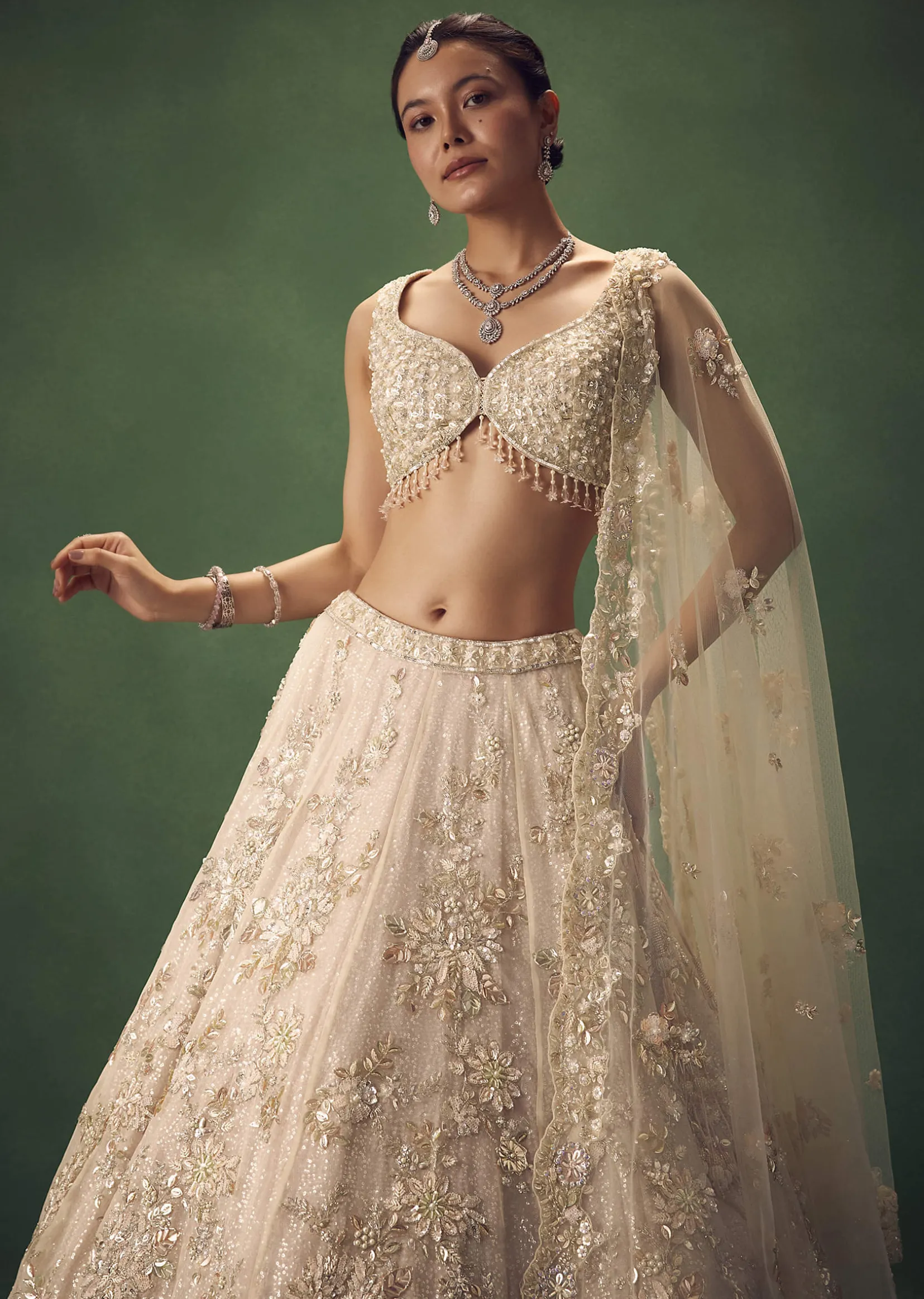 Blush Pink 3D Floral And Bead Work Lehenga Set