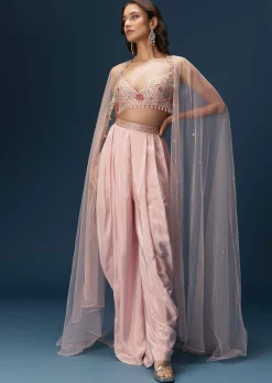 Blush Pink Dhoti Set With Embroidered Blouse And Soft Dupatta