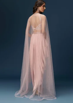 Blush Pink Dhoti Set With Embroidered Blouse And Soft Dupatta