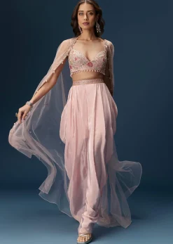 Blush Pink Dhoti Set With Embroidered Blouse And Soft Dupatta