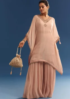 Blush Pink Embroidered Kaftan Sharara Set In Organza