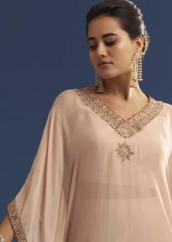 Blush Pink Embroidered Kaftan Sharara Set In Organza