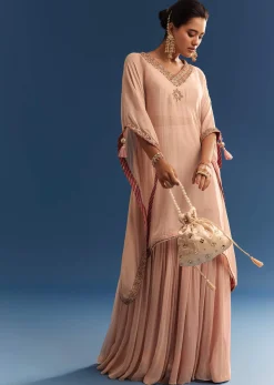 Blush Pink Embroidered Kaftan Sharara Set In Organza