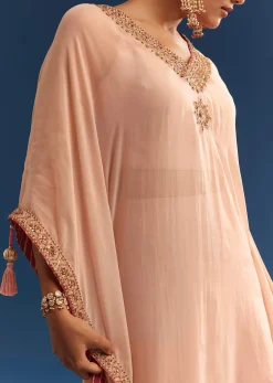 Blush Pink Embroidered Kaftan Sharara Set In Organza