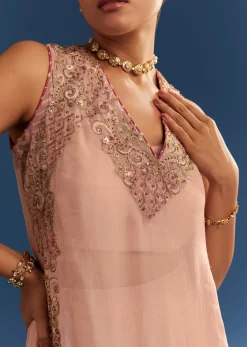 Blush Pink Organza Palazzo Set With Embroidered Kurta