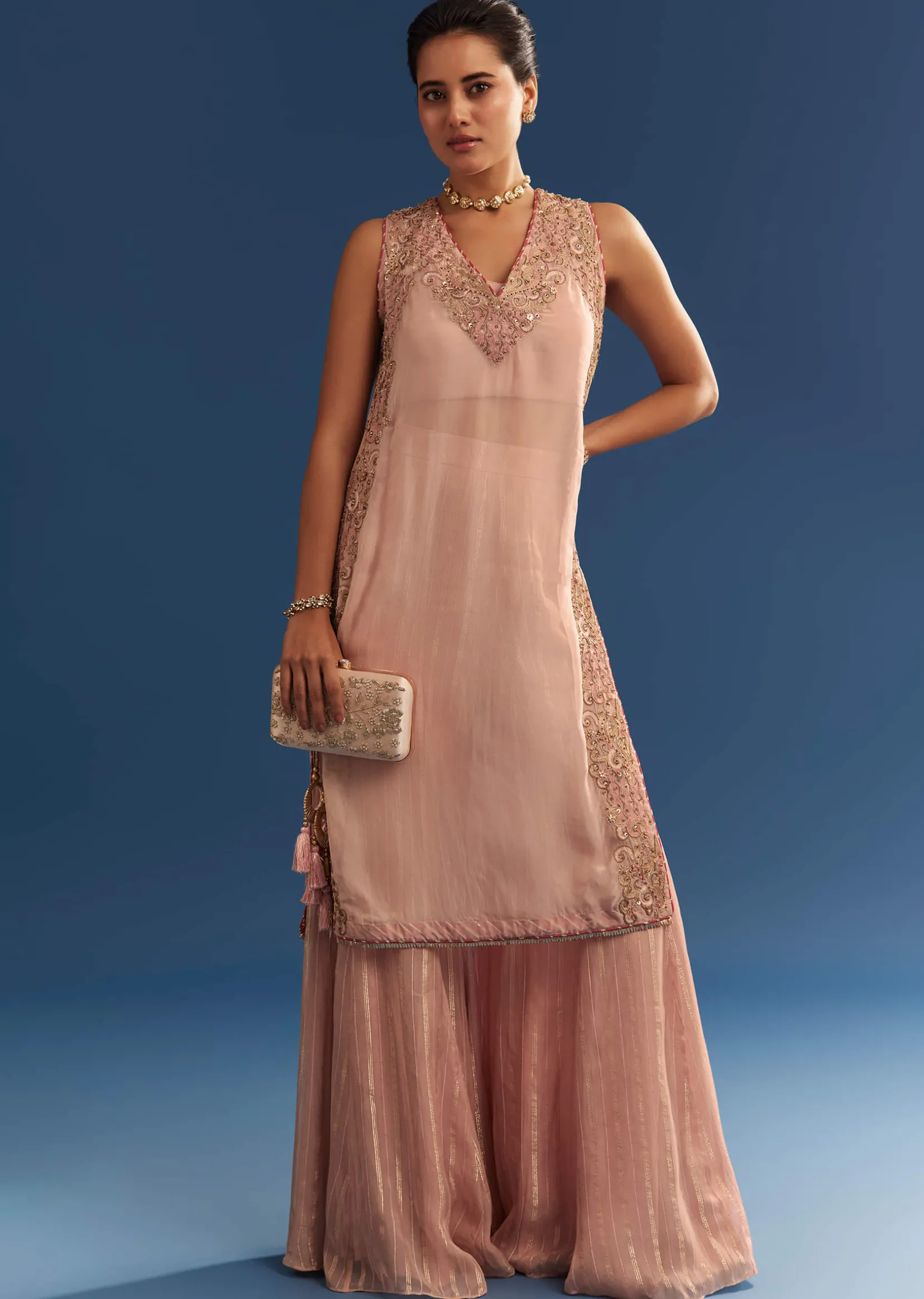 Blush Pink Organza Palazzo Set With Embroidered Kurta