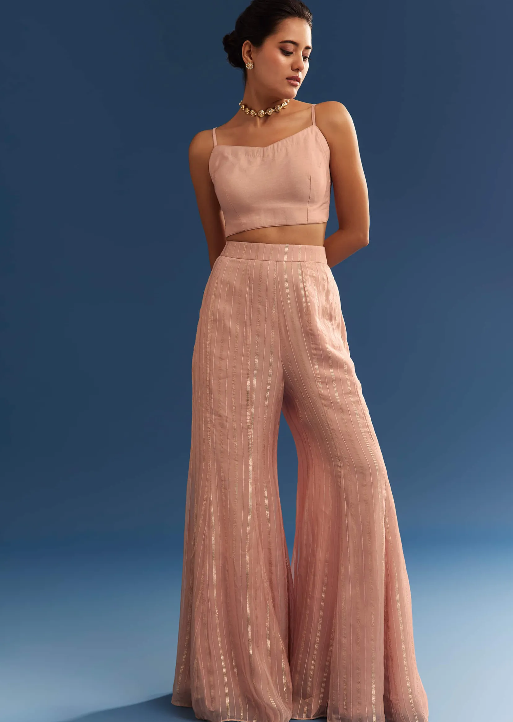 Blush Pink Organza Palazzo Set With Embroidered Kurta