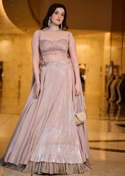 Blush Pink Pre-Pleated Frill Lehenga With TieUp Blouse And Choker Dupatta