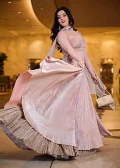Blush Pink Pre-Pleated Frill Lehenga With TieUp Blouse And Choker Dupatta