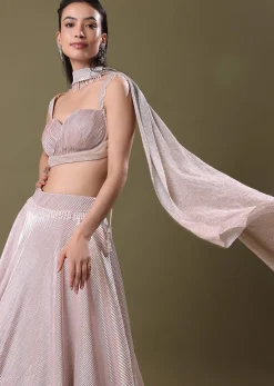 Blush Pink Pre-Pleated Frill Lehenga With TieUp Blouse And Choker Dupatta