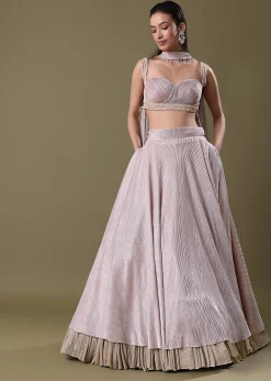 Blush Pink Pre-Pleated Frill Lehenga With TieUp Blouse And Choker Dupatta
