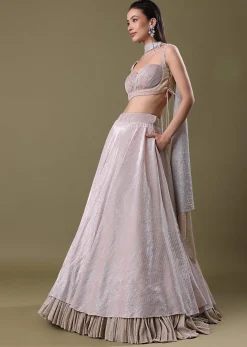 Blush Pink Pre-Pleated Frill Lehenga With TieUp Blouse And Choker Dupatta