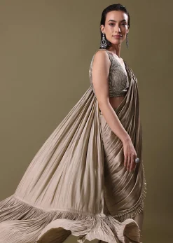 Blush Pink Pre-Stitched Frill Saree With Sequin Blouse