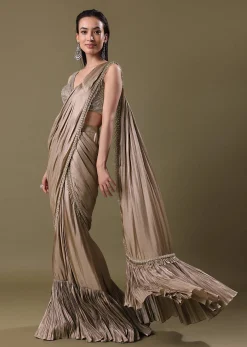 Blush Pink Pre-Stitched Frill Saree With Sequin Blouse