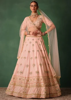 Blush Pink Raw Silk Zardosi Embroidered Bridal Lehenga Set