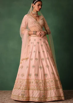 Blush Pink Raw Silk Zardosi Embroidered Bridal Lehenga Set