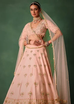 Blush Pink Raw Silk Zardosi Embroidered Bridal Lehenga Set