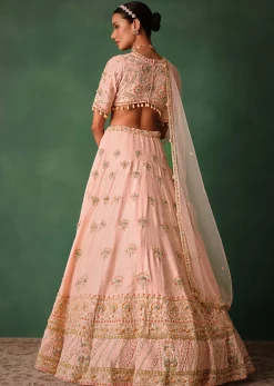 Blush Pink Raw Silk Zardosi Embroidered Bridal Lehenga Set
