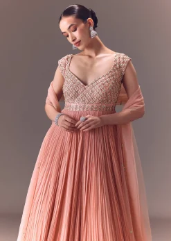 Blush Pink Ruched Anarkali Gown With Dupatta