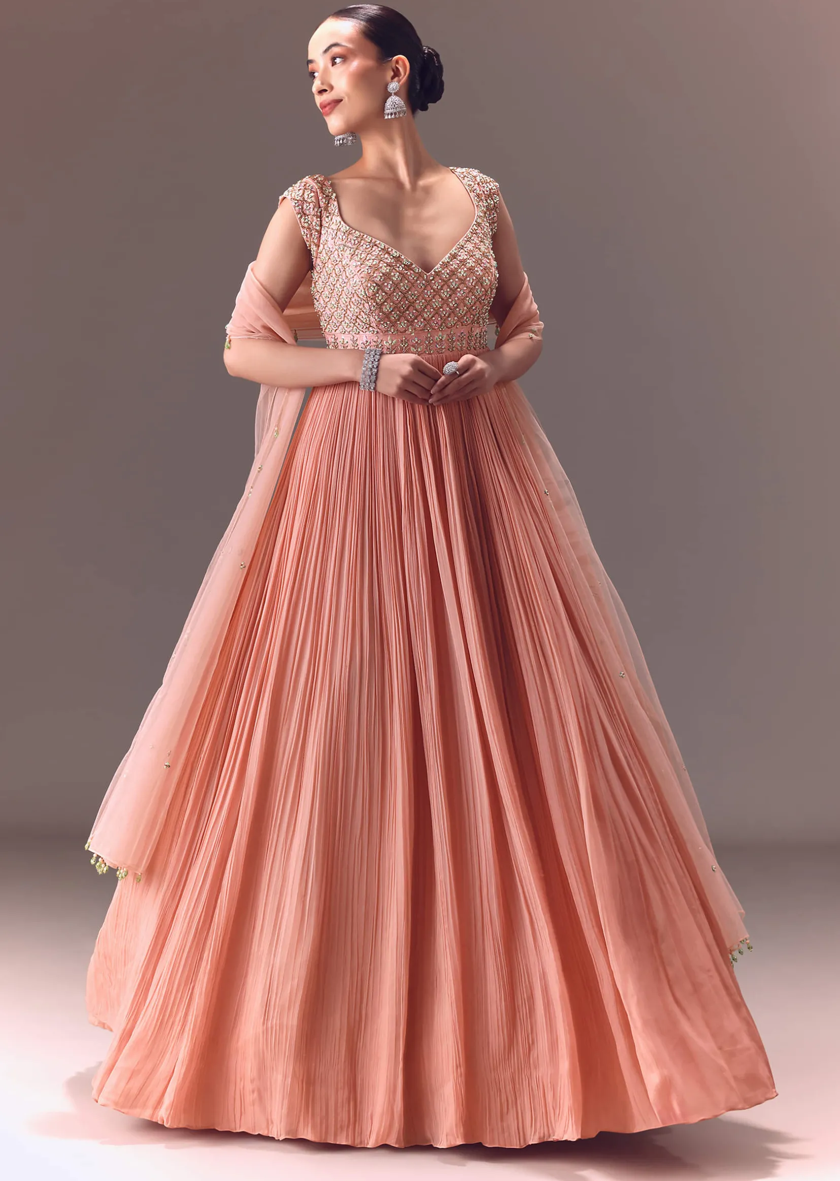 Blush Pink Ruched Anarkali Gown With Dupatta
