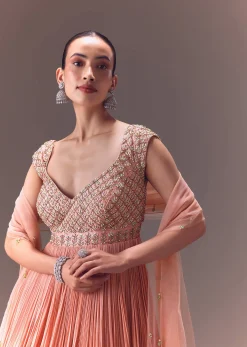 Blush Pink Ruched Anarkali Gown With Dupatta