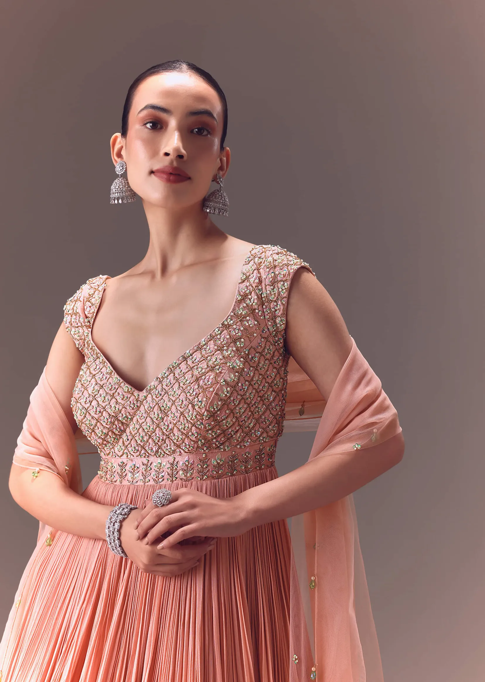 Blush Pink Ruched Anarkali Gown With Dupatta